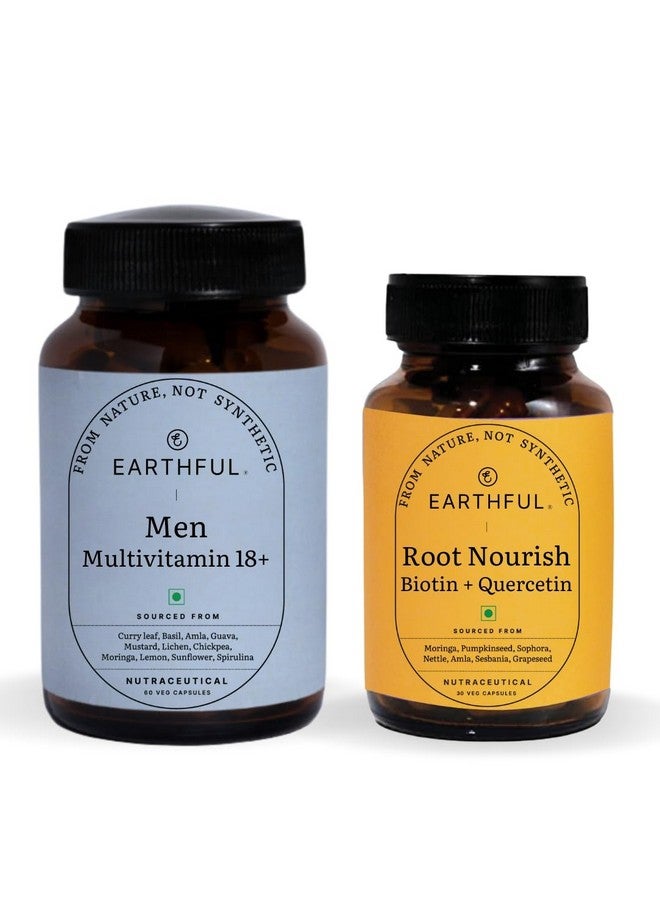 earthful مجموعة العناية بشعر الرجال من إيرثفول | فيتامينات متعددة للرجال 18+ وكبسولات تغذية الجذور | 100% طبيعي، غير صناعي | لصحة الشعر، الطاقة، المناعة والعظام | مع البيوتين، بذور العنب، فيتامين D3، K2 - Image 1