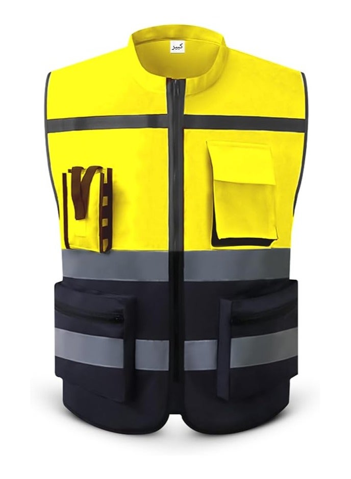 High Visibility Large Size Safety Vest with 2 inch Hi Vis Reflective Strips Yellow Security Vest with Zipper Front and Pockets for Men,