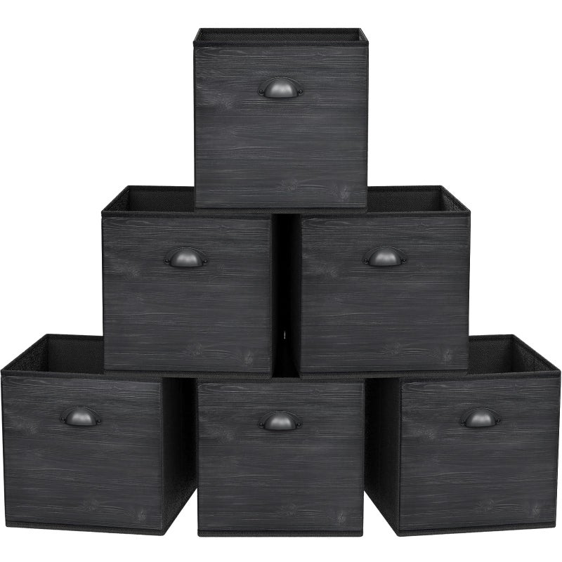 homyfort Fabric Cube Storage Organizer Bins, 12x12 Inch Black Wood Grain Printing Storage Cubes, Closet Cloth Baskets Box For Shelves, Set of 6 - Image 1