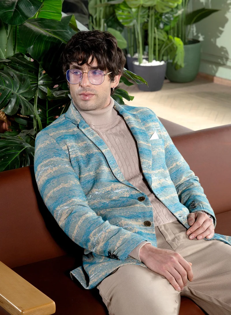 كامبوس سوترا Men Tailored Gradient-Strokes Jacquard Blazer | Lapel Collar, Split-Button Set-In Sleeves | Button , Straight Hem | Abstract Jacquard Woven Fabric For Casual & Evening Wear | Sky Blue