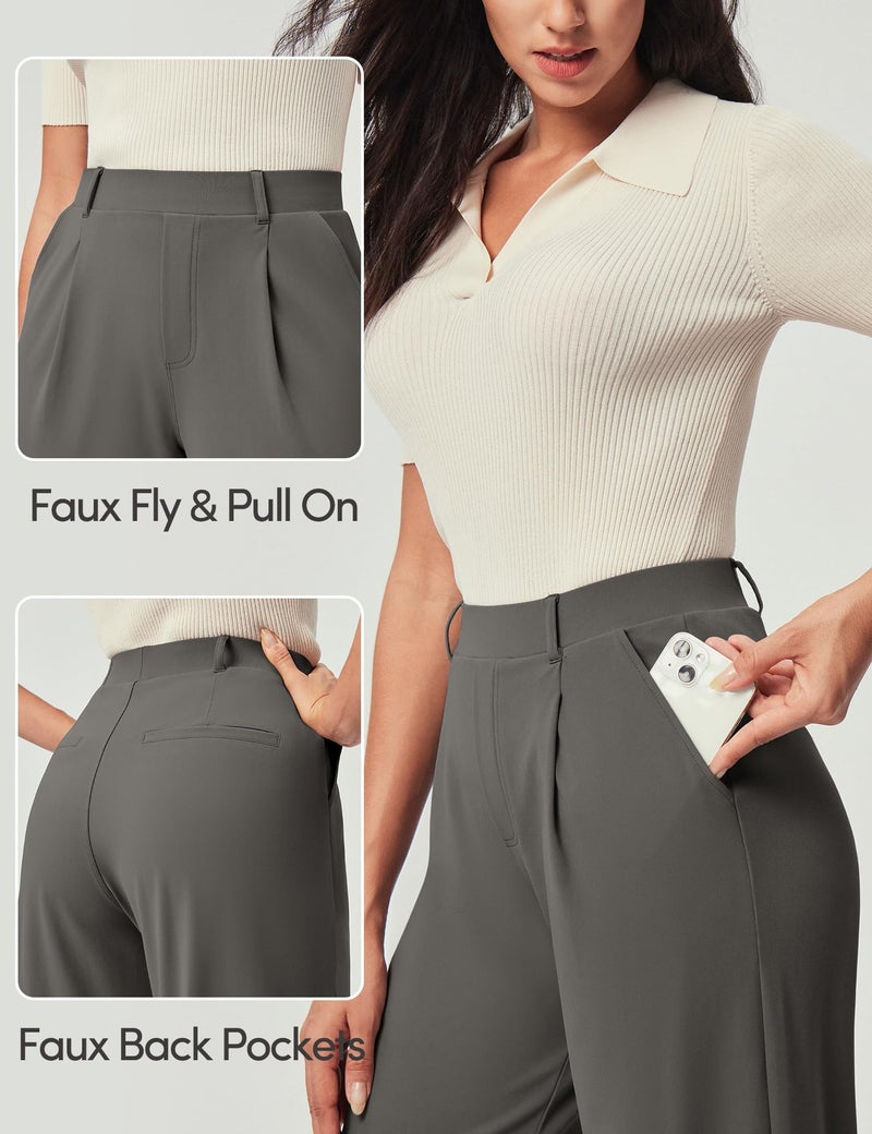 IUGA Womens Dress Pants Wide Leg Pull On Stretchy Work Pants Women High Waisted Business Casual Trousers with Pockets - Image 3
