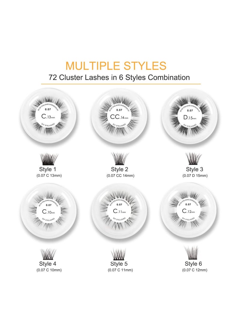 DIY Lash Extension Kit, 72 Clusters Volume Lashes Set Soft and Lightweight, C Curl 0.07mm 10-15mm Mixed DIY Eyelash Extension, at Home Lash Extensions Kit with Cluster Lashes Glue and Tweezers