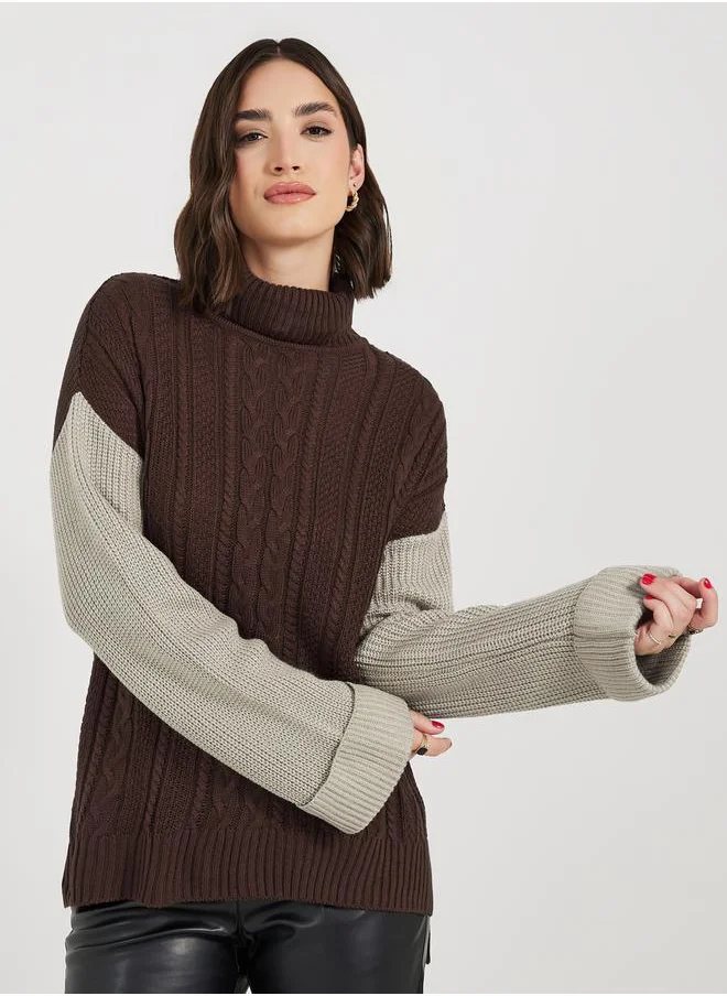 Styli Oversized Cable Knit Colorblock Jumper with Tuck Knit Sleeve