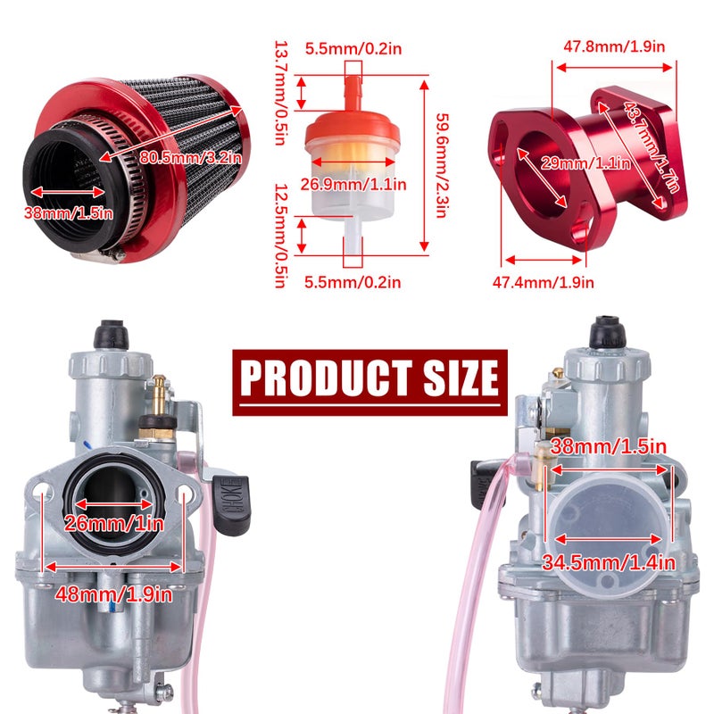 ORAEVY VM22 26mm Carburetor Carb Kit fit for Performance Intake Pipe Mainfold 38mm Air Filter Fit For Predator 212cc GX160 Honda GX200 CT200U 196cc KT196 Clones Go Kart Mini Bike Race Kart (Red) - Image 2