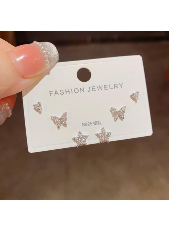 S925 Silver Needle Micro Inlaid Zircon Short Earrings Short Hair Earrings And Korean Elegant All-match Simple Three-piece Set Earrings For Women 