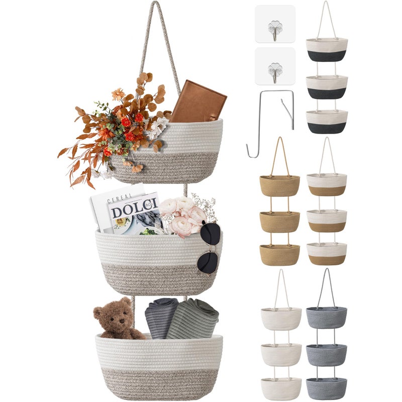 wymulot 3 Tier Wall Mounted Woven Hanging Basket, Over the Door Hanging Basket with Hooks, Decorative Storage Hanging Closet Removable, Large Wall Basket for Bedroom, Kitchen, RV (White & Camel) - Image 1