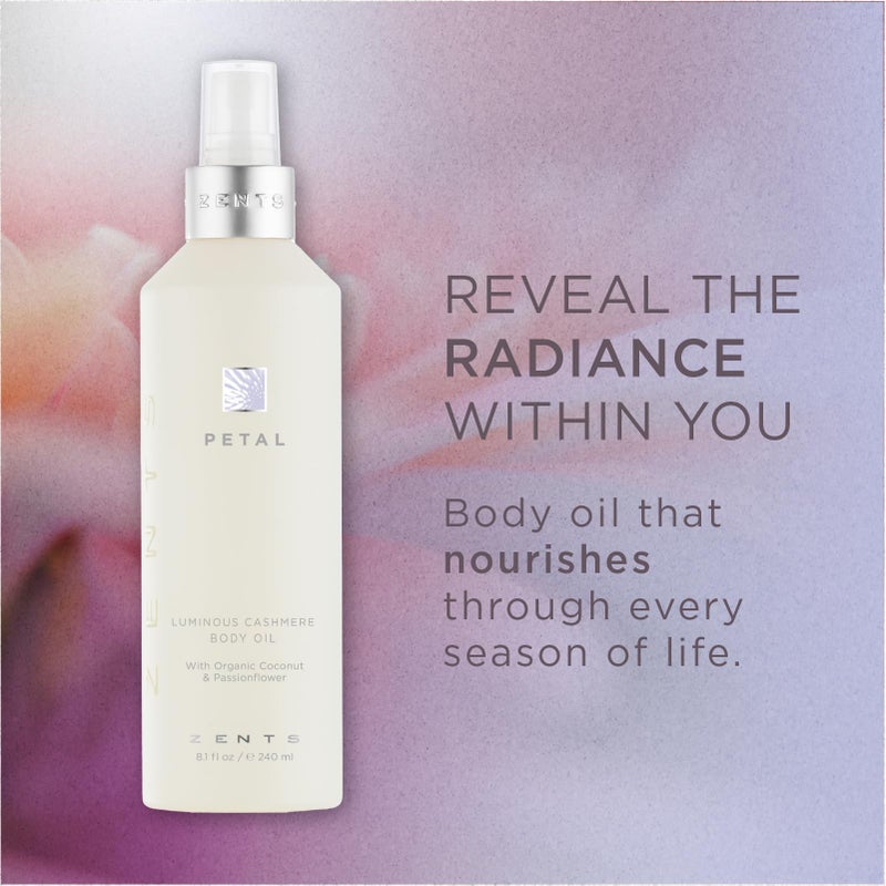 Zents Luminous Cashmere Body Oil (Petal Fragrance) | Moisturizing Body Oil with Vitamin E & Organic Coconut Oil | Softens & Smooths Skin | 8 fl oz - Image 1