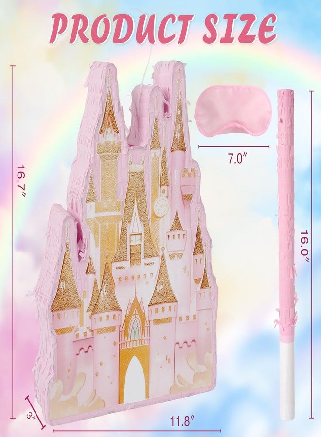 JOARHONAL Princess Castle Pinata - Pink Castle Pinata with Blindfold and Bat for Girls Kids Princess Theme Birthday Party Game Decorations (16.7”x11.8”x3”) - Image 2