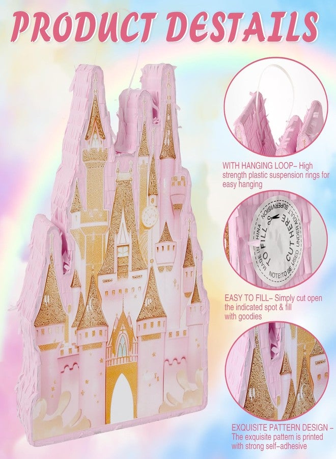 JOARHONAL Princess Castle Pinata - Pink Castle Pinata with Blindfold and Bat for Girls Kids Princess Theme Birthday Party Game Decorations (16.7”x11.8”x3”) - Image 3