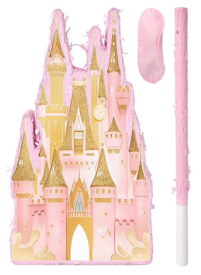 JOARHONAL Princess Castle Pinata - Pink Castle Pinata with Blindfold and Bat for Girls Kids Princess Theme Birthday Party Game Decorations (16.7”x11.8”x3”) - Image 1