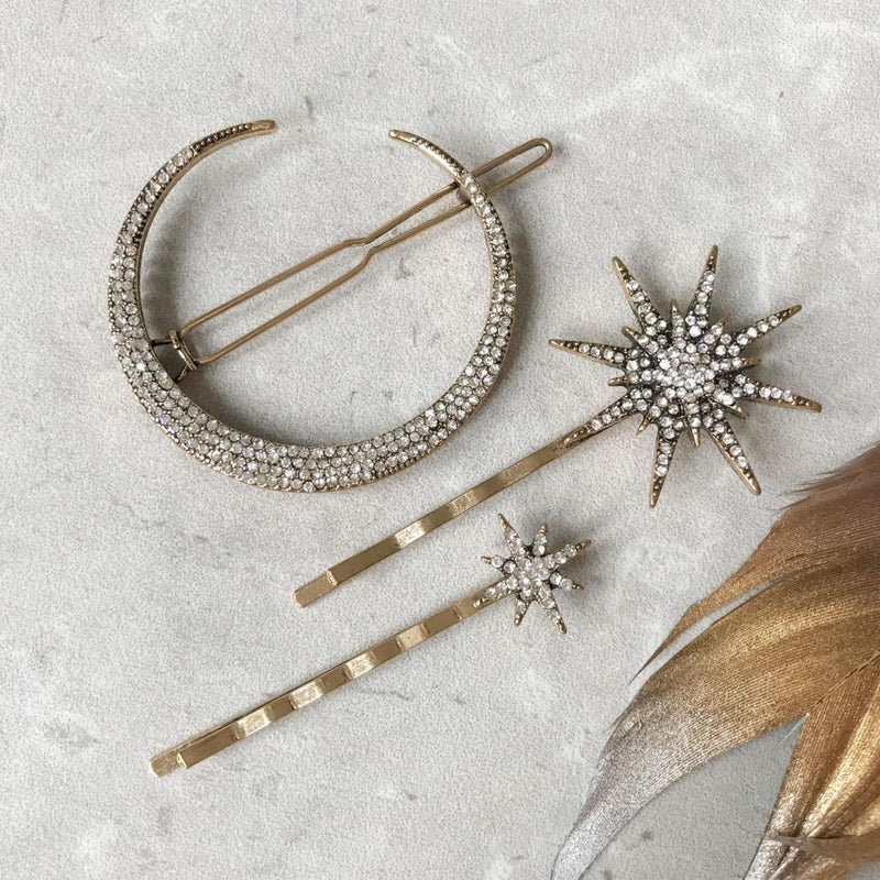 3PCs Beautiful Rhinestone Solar System Hair Pins for all hair styles Moon and Stars Sparkly Hair Accessories Bling Diamond Effect Crystal Hair Clips Multipack Hair Decorations Hair Styling
