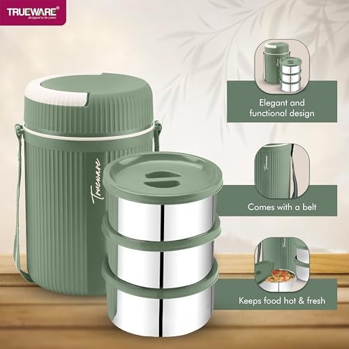 Trueware Plastic Grub 3 Double Wall Insulated Hot Lunch Box with 3 Ss Container 300 Ml Each | Bpa Free | Food Grade | Hot and Fresh Many Hours, Green - Image 4