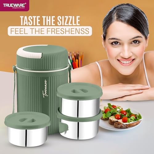Trueware Plastic Grub 3 Double Wall Insulated Hot Lunch Box with 3 Ss Container 300 Ml Each | Bpa Free | Food Grade | Hot and Fresh Many Hours, Green - Image 2