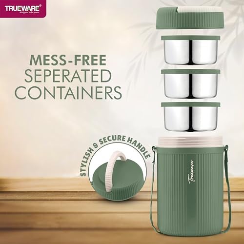 Trueware Plastic Grub 3 Double Wall Insulated Hot Lunch Box with 3 Ss Container 300 Ml Each | Bpa Free | Food Grade | Hot and Fresh Many Hours, Green - Image 5