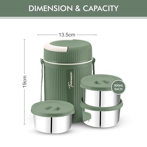 Trueware Plastic Grub 3 Double Wall Insulated Hot Lunch Box with 3 Ss Container 300 Ml Each | Bpa Free | Food Grade | Hot and Fresh Many Hours, Green - Image 3