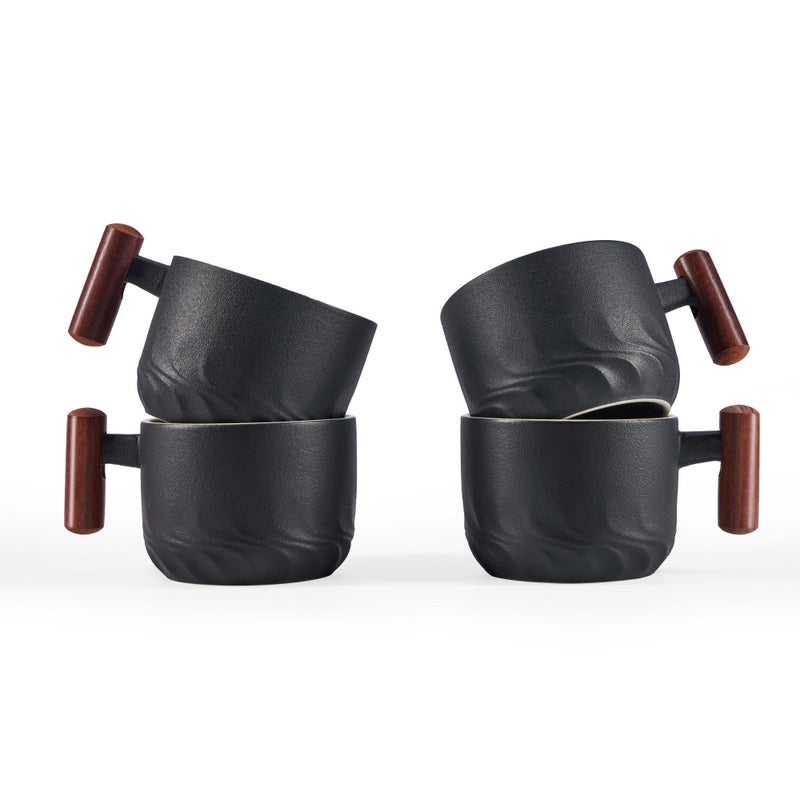 CLASGLAZ 6 Oz Ceramic Espresso Mugs with Wooden Handle Demitasse Cups for Double Shot Latte Cappuccino Lungo Tea Bag Beverage Espresso Cups Set of 4 - Image 1