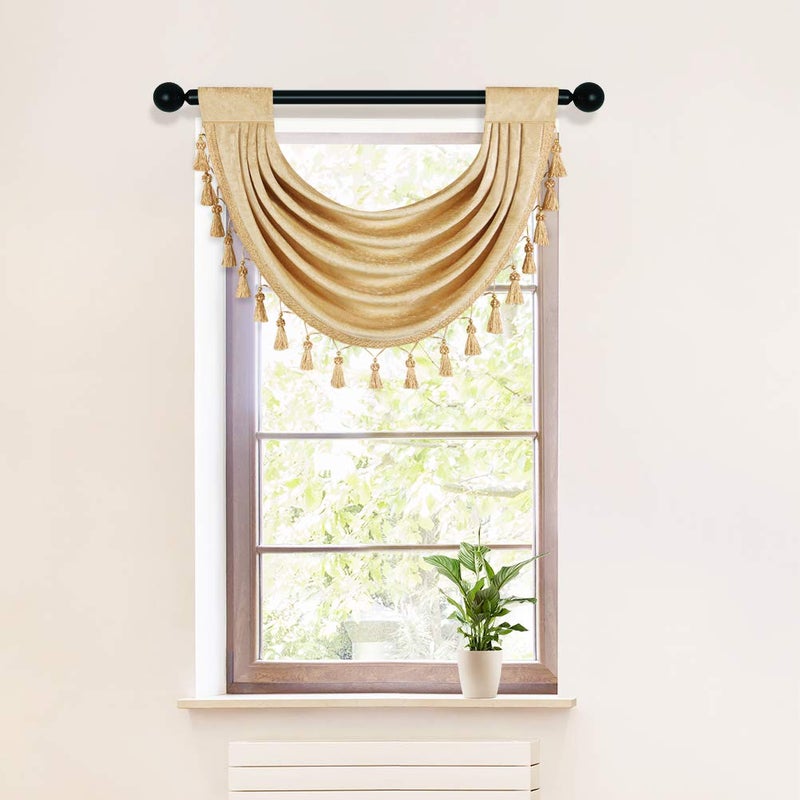 ELKCA Thick Chenille Waterfall Swag Valances for Living Room Gold Valance Curtains for Kitchen,Pack of 1 (Gold, 30" W x 22" L)