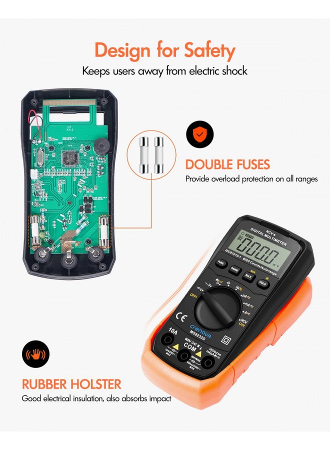 Crenova Crenova MS8233D Multimeter 6000 Counts Digital Multimeter DC AC Volt Meter Ohm Volt Amp Tester Measures Voltage Current Resistance Capacitance Continuity Diode Duty-Cycle Frequency NCV Live Wire Test  - Image 2