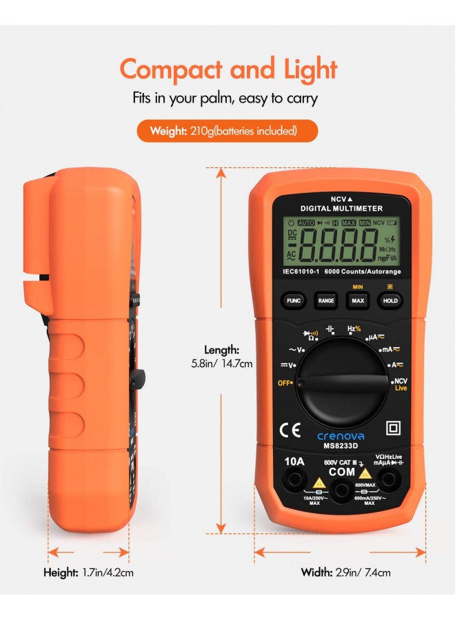 Crenova Crenova MS8233D Multimeter 6000 Counts Digital Multimeter DC AC Volt Meter Ohm Volt Amp Tester Measures Voltage Current Resistance Capacitance Continuity Diode Duty-Cycle Frequency NCV Live Wire Test  - Image 4
