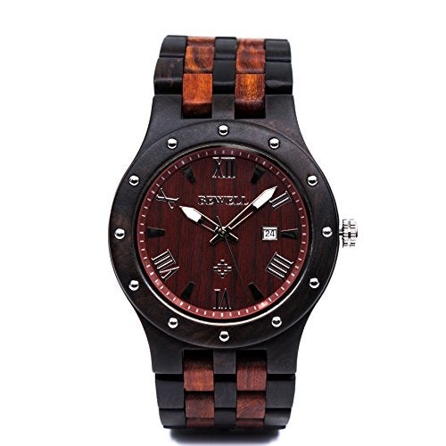 BEWELL Wood Watches for Men Date Display Quartz Analog Lumious Pointers (Ebony and Red Sandalwood) - Image 2