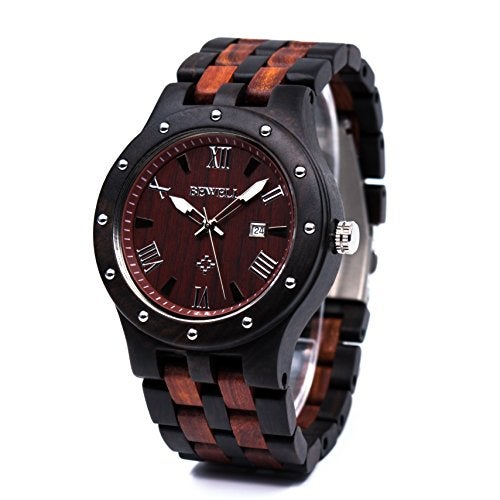 BEWELL Wood Watches for Men Date Display Quartz Analog Lumious Pointers (Ebony and Red Sandalwood) - Image 1