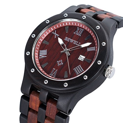 BEWELL Wood Watches for Men Date Display Quartz Analog Lumious Pointers (Ebony and Red Sandalwood) - Image 4