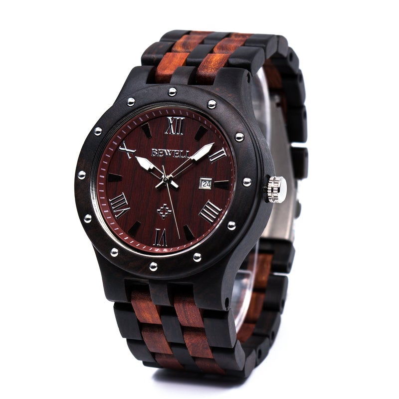 BEWELL Wood Watches for Men Date Display Quartz Analog Lumious Pointers (Ebony and Red Sandalwood) - Image 3