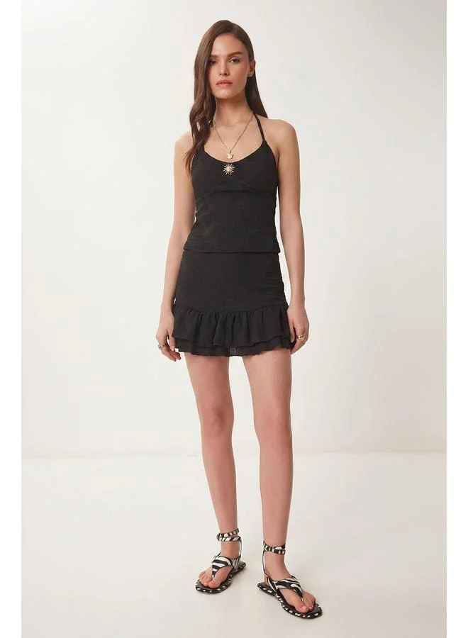 Lovely Istanbul Gold-Accessory Blouse and Skirt Crinkled Set LFW0020 BLACK.