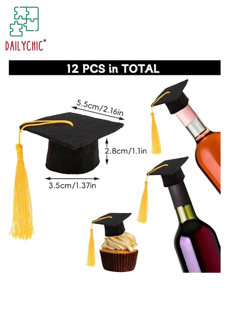 DAILYCHIC Mini Graduation Hats Decorations,Black Felt Graduation Hat with Tassels Cake Pops Bottle Cover Toppers,Photo Prop Accessory Party Decorations(12pcs) - Image 2