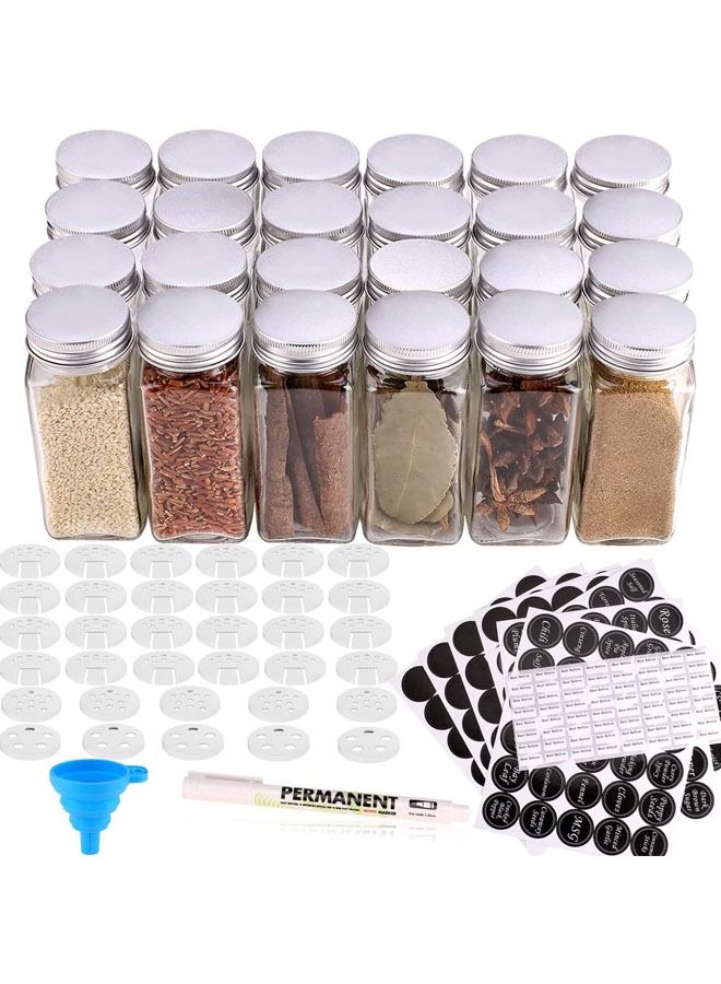 HOMESTAR 24 Glass Spice Jars with w/3 Types of Labels-4oz Empty Square Containers,Three Kinds Shaker Lids and Airtight Metal Caps-White Paint Pen Silicone Collapsible Funnel Included - Image 1