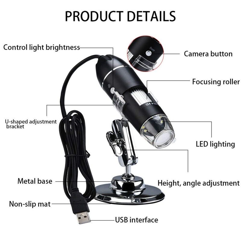 Tobo 8 LED USB 2.0 Digital Microscope, 50 to 1000x Magnification Endoscope, Metal Stand, Compatible with Mac Window 7 8 10 Android Linux (Digital Microscope) - TD-585IM04 - Image 2