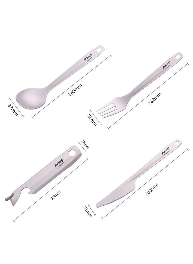 ATiAP Titanium Fork Spoon Bottle Opener, 4 Pieces Tableware Set Utility Cutlery Set for Camping Travel Daily Use - Image 2