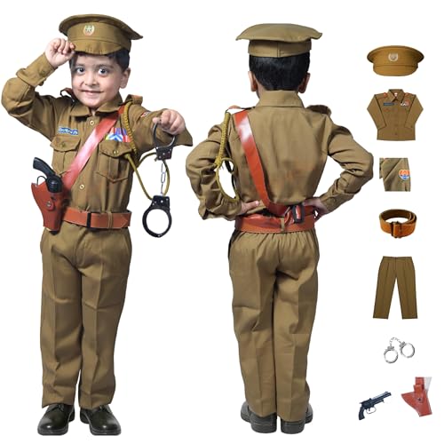 Sarvda Police Dress For Kids | Khaki Costume With Shirt, Pant, Cap, Belt, Handcuff, Battle Toy With Holster | Community‑Helper Fancy Dress For Boys & Girls | Ideal For Independence Day Republic Day - Image 1