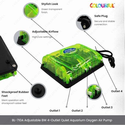 COLOURFUL - 4 Outlets Aquarium Air Pump with Accessories | 8W | Adjustable Quiet Oxygen Aerator Pump for Fish Tanks or Ponds | Model BL-710A with Accessories (Combo-3) - Image 4
