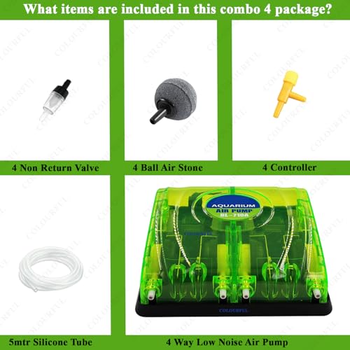 COLOURFUL - 4 Outlets Aquarium Air Pump with Accessories | 8W | Adjustable Quiet Oxygen Aerator Pump for Fish Tanks or Ponds | Model BL-710A with Accessories (Combo-3) - Image 2