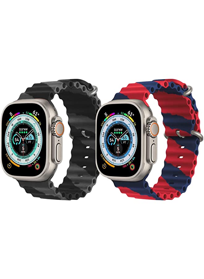 IAF Silicone Ocean Band Strap for Apple Watch Ultra 8 49mm Black/Gray Double Line Strap with Red/Blue Double Line Strap Set of 2