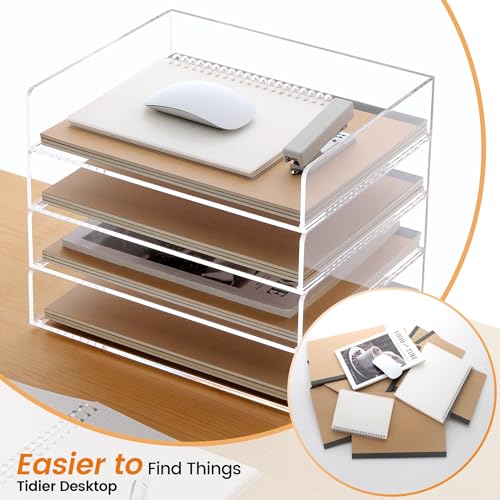 HeZone Acrylic Paper Tray, 4 Tier Paper Organizer for Desk, Clear Acrylic Desk Organizers, Stackable Letter Tray Workspace oaganzier -Art Storage for School Classroom -4 Pack… - Image 3