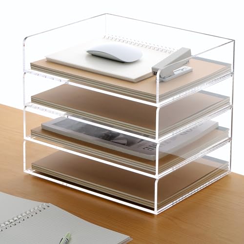 HeZone Acrylic Paper Tray, 4 Tier Paper Organizer for Desk, Clear Acrylic Desk Organizers, Stackable Letter Tray Workspace oaganzier -Art Storage for School Classroom -4 Pack… - Image 1