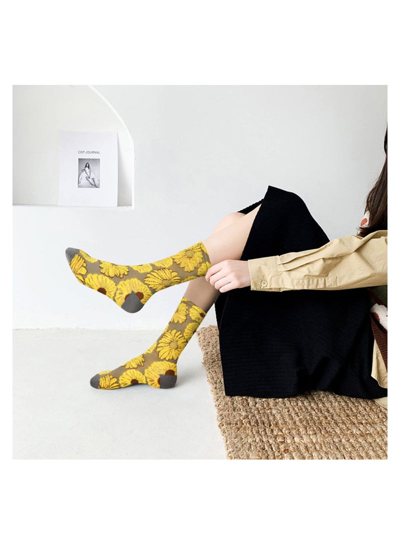 Womens Novelty Funny Crew Socks Girls Colorful Floral Patterned Funky Casual Cotton Retro Sunflower 3D Jacquard Mid Length Personalized Women 5 Pairs