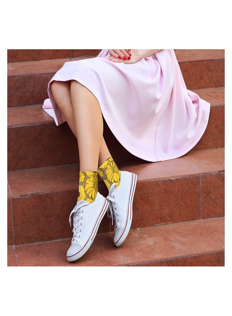 Womens Novelty Funny Crew Socks Girls Colorful Floral Patterned Funky Casual Cotton Retro Sunflower 3D Jacquard Mid Length Personalized Women 5 Pairs