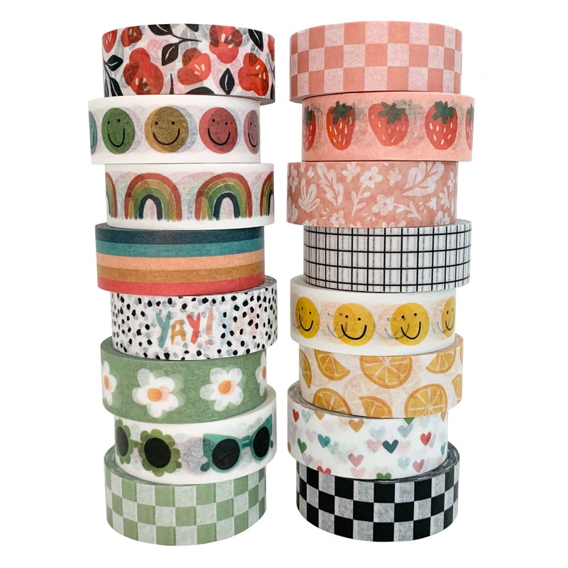 Carousel Greetings Washi Tape Set of 16 Rolls of 15 mm Wide Cute Decorative Washi Tape for Journaling, Scrapbook, Washy Crafts, Bullet Journals, Planners, DIY DÃ©cor, Craft Supplies For Adults & Kids (Splash) - Image 1