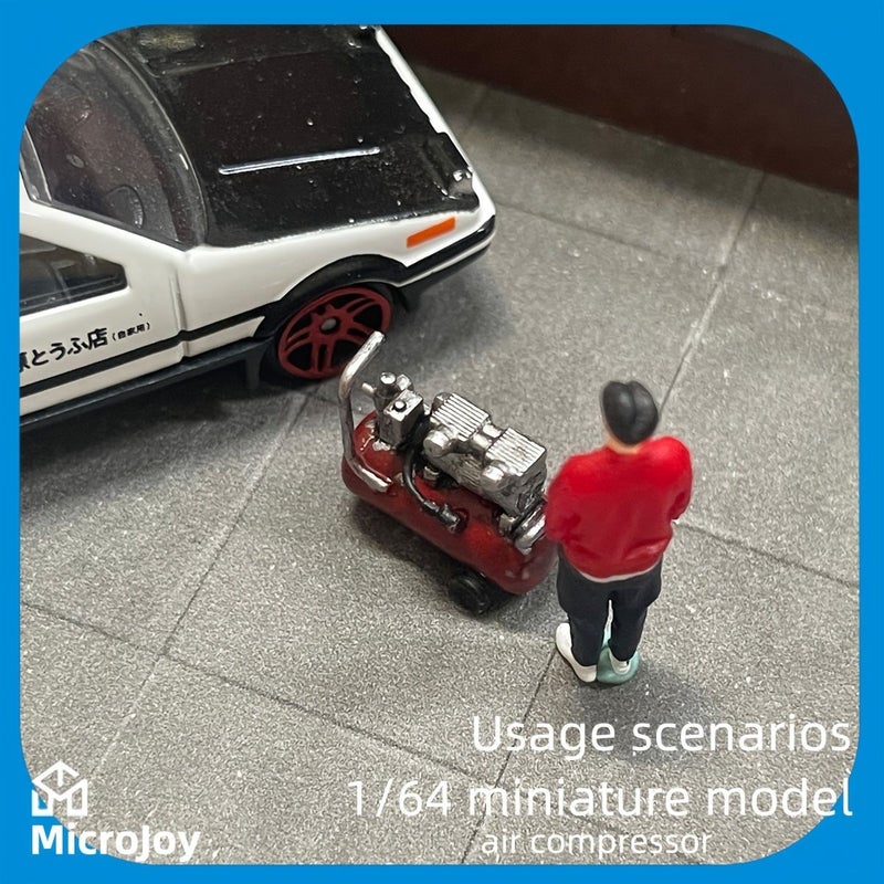 1 64 Scale Repair Shop Miniature Model With Blue Compressor And Vintage Car Setup - Image 3