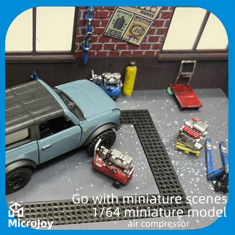 1 64 Scale Repair Shop Miniature Model With Blue Compressor And Vintage Car Setup - Image 4