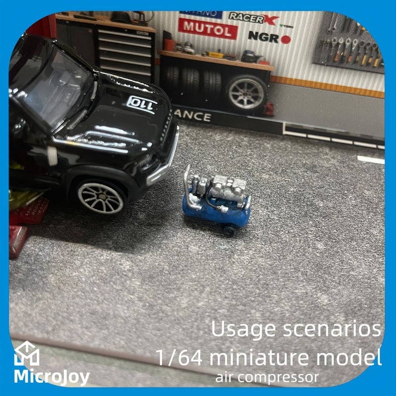 1 64 Scale Repair Shop Miniature Model With Blue Compressor And Vintage Car Setup - Image 2