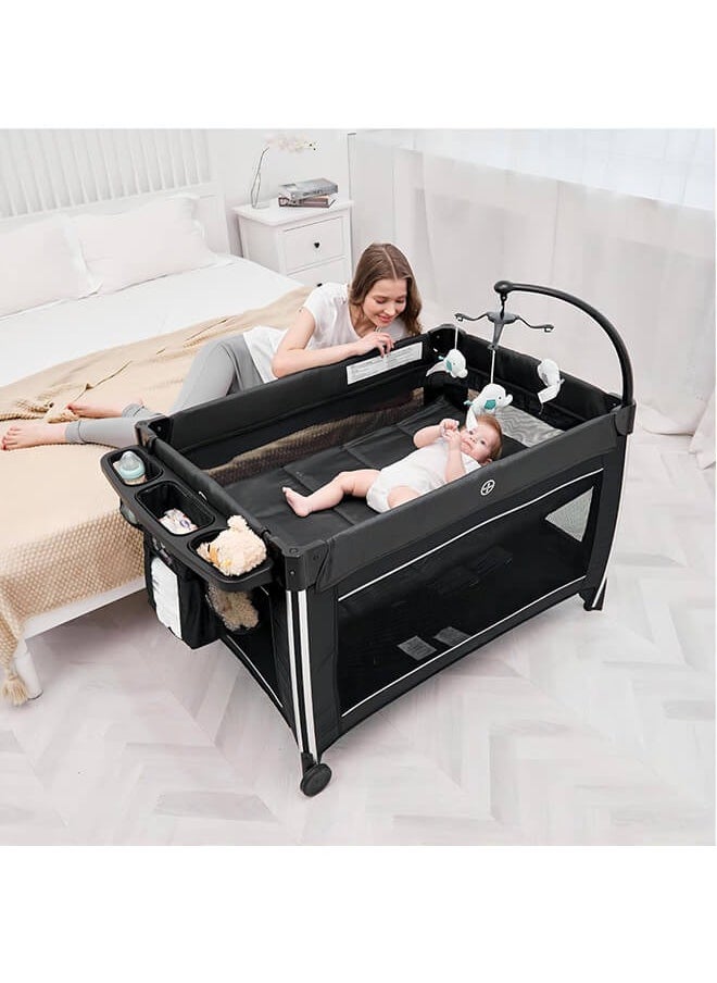hibobi 4 in 1 Portable Baby Crib Deluxe Nursery Center, Foldable Travel Playard with Bassinet, Mattress, Changing Table for Newborn, Infant, Toddler(Black)  - Image 1