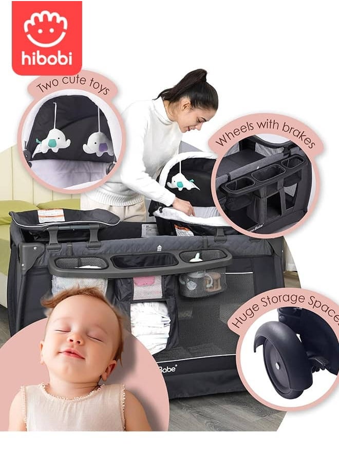 hibobi 4 in 1 Portable Baby Crib Deluxe Nursery Center, Foldable Travel Playard with Bassinet, Mattress, Changing Table for Newborn, Infant, Toddler(Black)  - Image 4