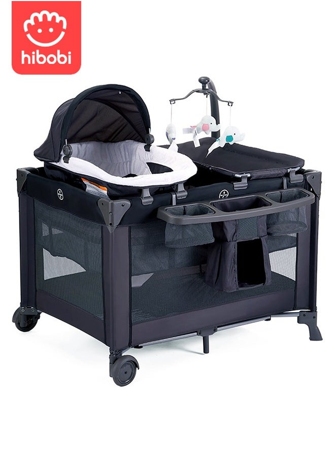 hibobi 4 in 1 Portable Baby Crib Deluxe Nursery Center, Foldable Travel Playard with Bassinet, Mattress, Changing Table for Newborn, Infant, Toddler(Black)  - Image 2