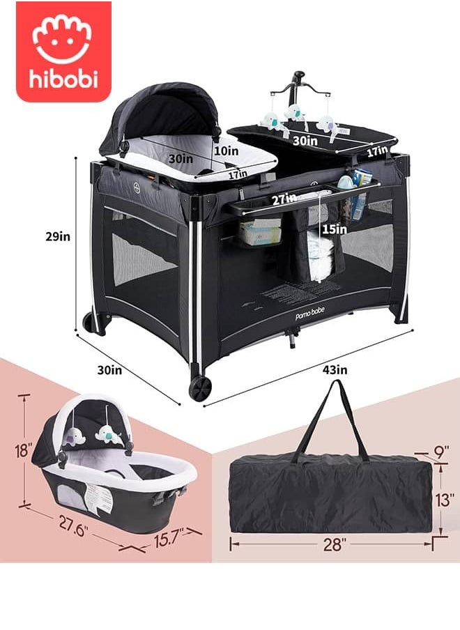 hibobi 4 in 1 Portable Baby Crib Deluxe Nursery Center, Foldable Travel Playard with Bassinet, Mattress, Changing Table for Newborn, Infant, Toddler(Black)  - Image 5