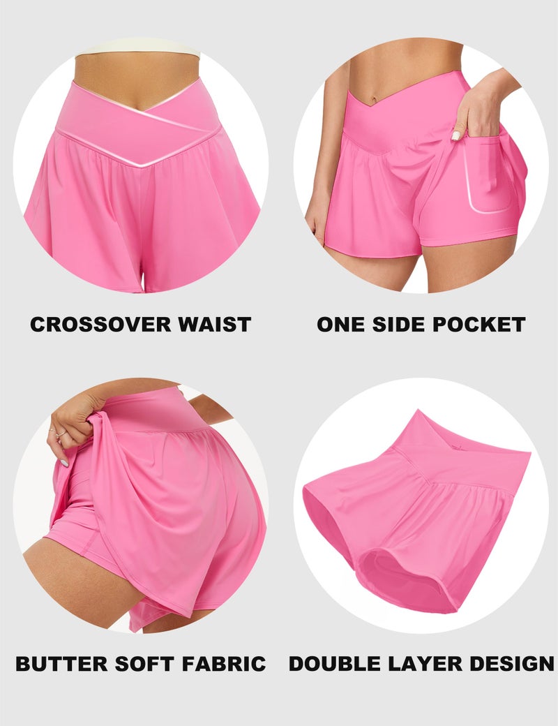 FireSwan Crossover Athletic Shorts for Women 2 in 1 Flowy Running Shorts with Pockets Spandex Butterfly Workout Tennis Skorts Pink - Image 4