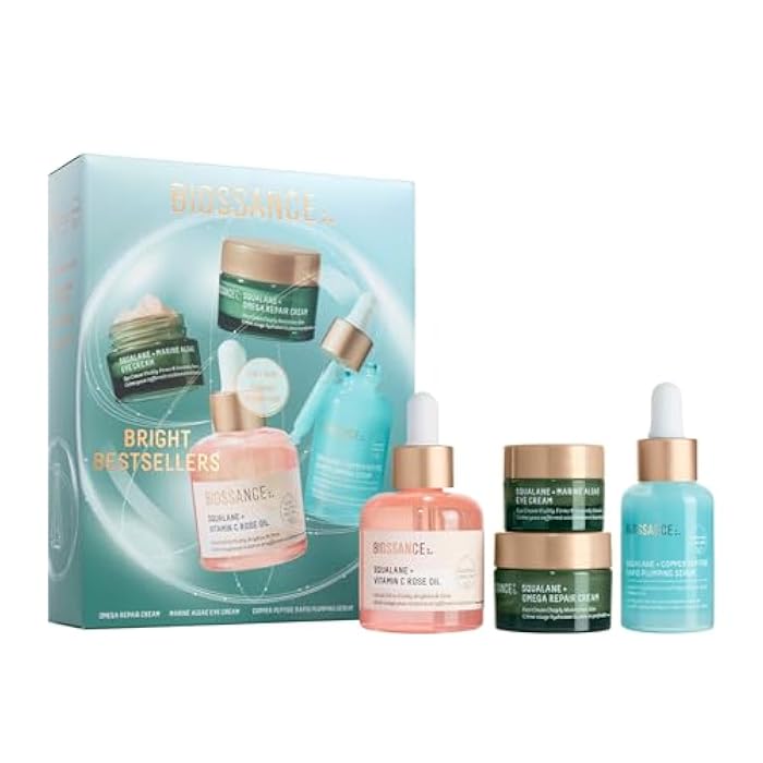 Biossance Bright Bestsellers Holiday Gift Set with Rose Oil, Marine Algae Eye Cream, Omega Repair Cream and Copper Peptide Plumping Serum, ($136 Value), 1 Set - Image 1